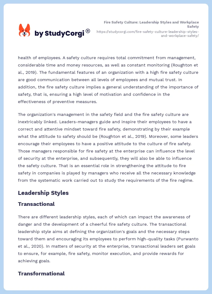 Fire Safety Culture: Leadership Styles and Workplace Safety. Page 2