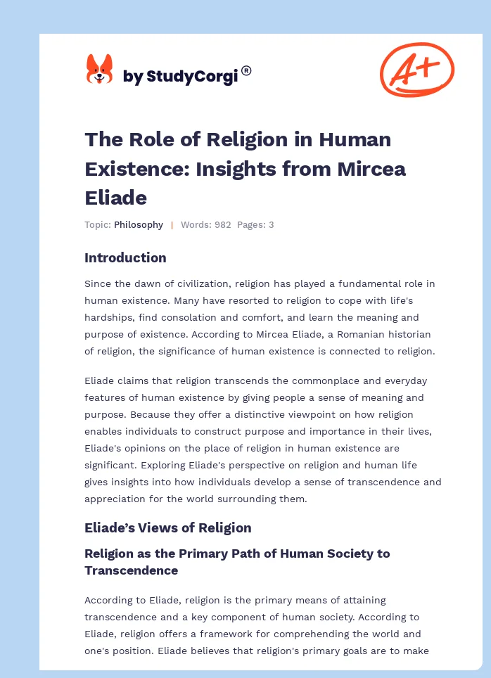 The Role of Religion in Human Existence: Insights from Mircea Eliade. Page 1