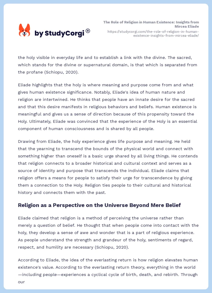 The Role of Religion in Human Existence: Insights from Mircea Eliade. Page 2