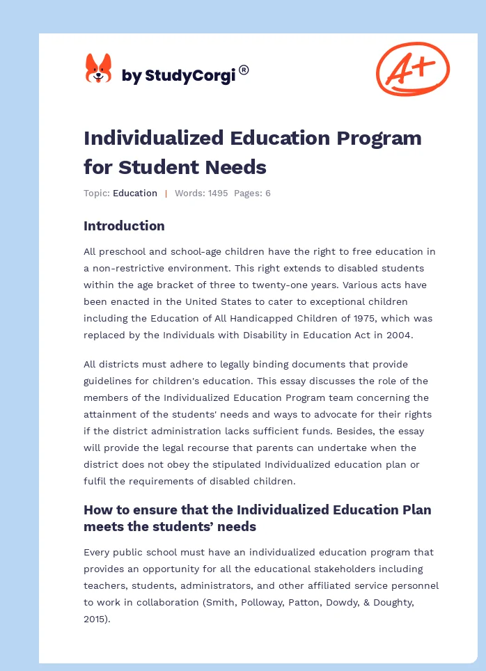 Individualized Education Program for Student Needs. Page 1
