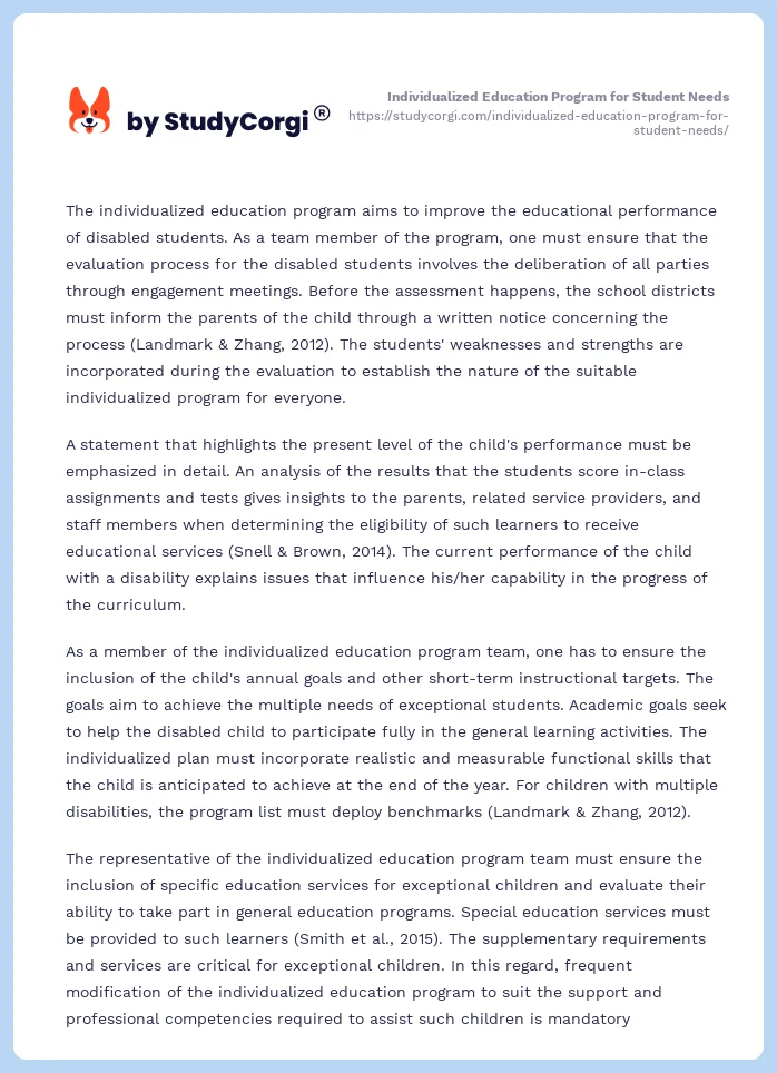 Individualized Education Program for Student Needs. Page 2