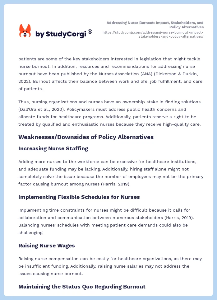 Addressing Nurse Burnout: Impact, Stakeholders, and Policy Alternatives. Page 2