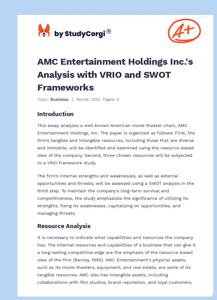 AMC Entertainment Holdings Inc.'s Analysis with VRIO and SWOT Frameworks. Page 1