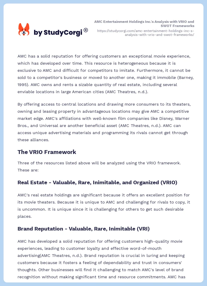 AMC Entertainment Holdings Inc.'s Analysis with VRIO and SWOT Frameworks. Page 2