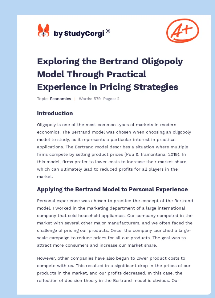 Exploring the Bertrand Oligopoly Model Through Practical Experience in Pricing Strategies. Page 1