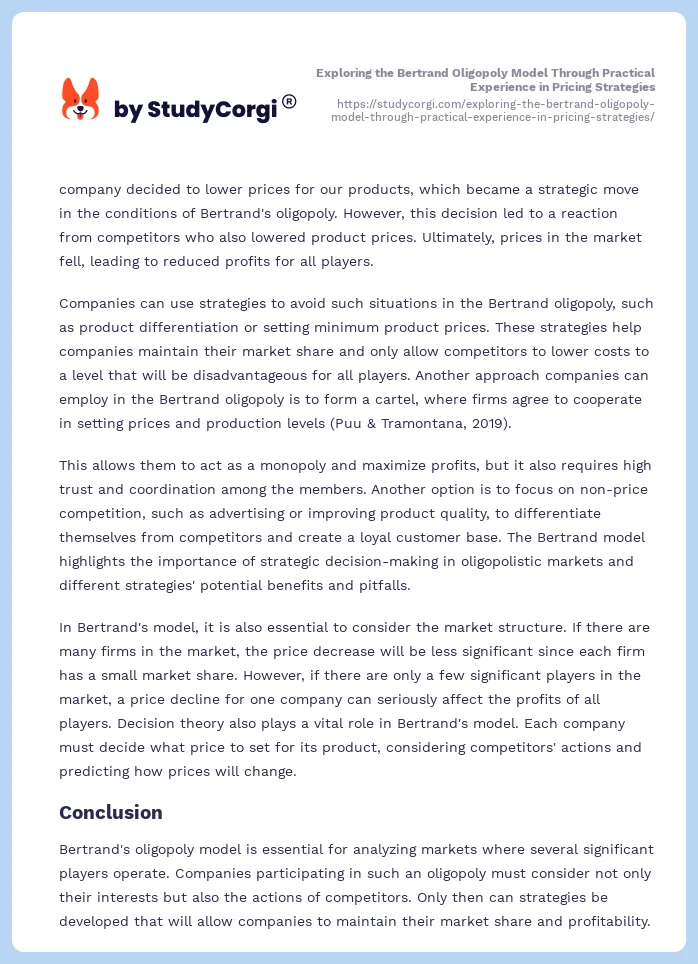 Exploring the Bertrand Oligopoly Model Through Practical Experience in Pricing Strategies. Page 2