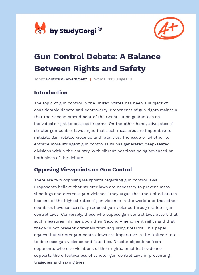 Gun Control Debate: A Balance Between Rights and Safety. Page 1