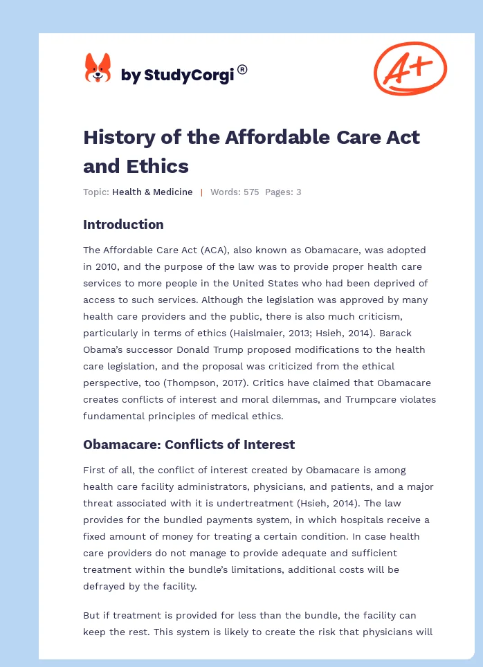 History of the Affordable Care Act and Ethics. Page 1