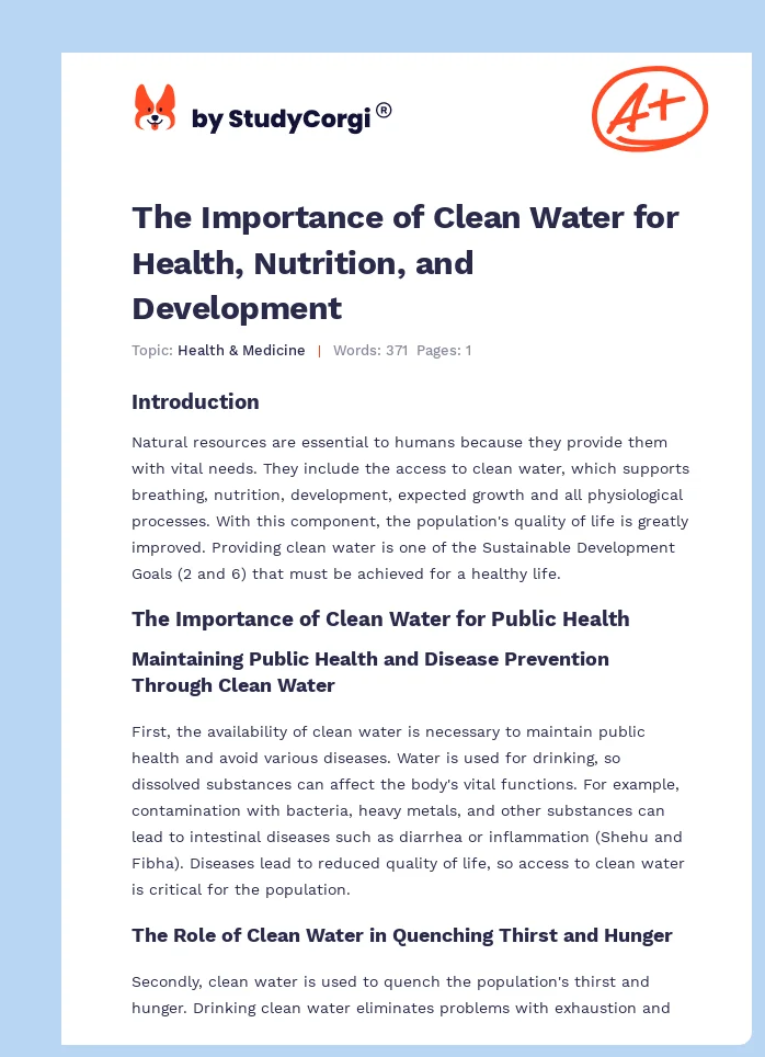 The Importance of Clean Water for Health, Nutrition, and Development. Page 1