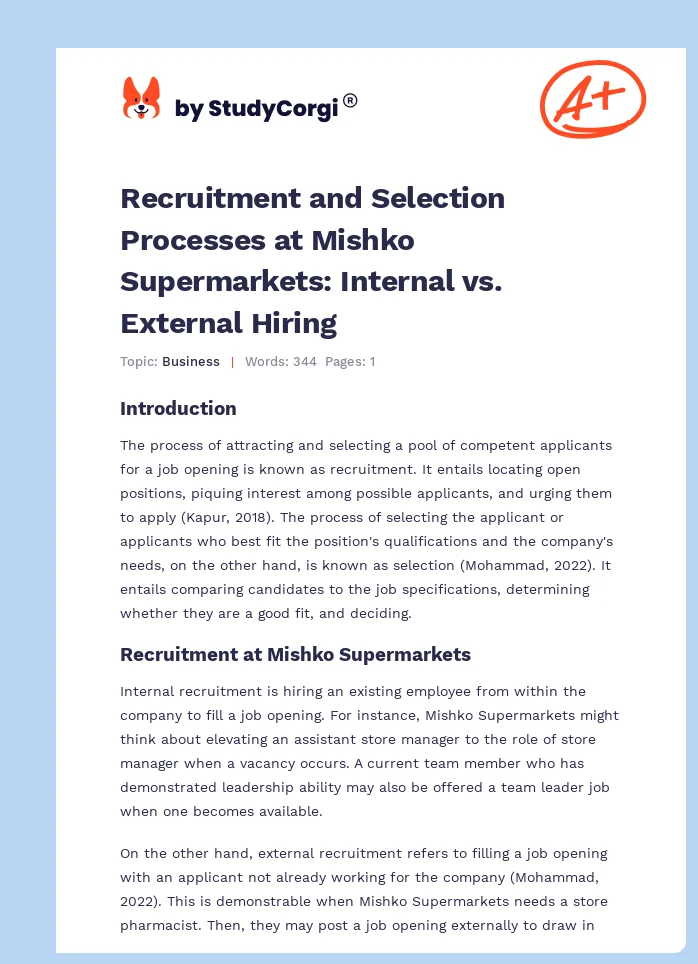 Recruitment and Selection Processes at Mishko Supermarkets: Internal vs. External Hiring. Page 1