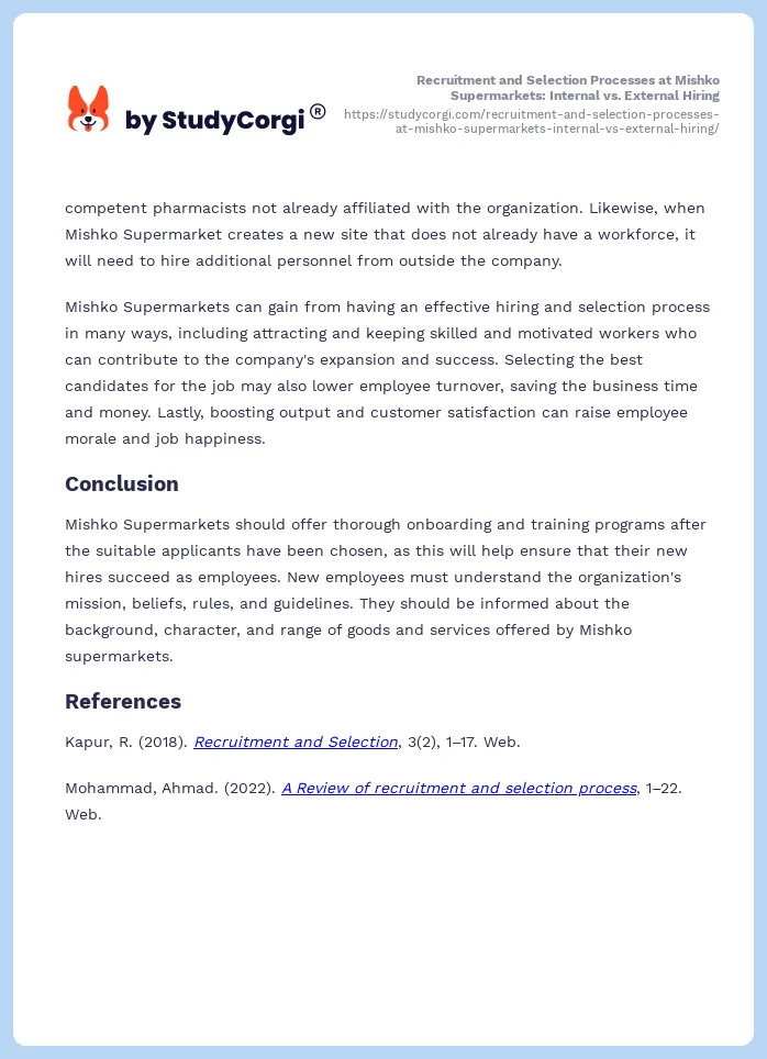 Recruitment and Selection Processes at Mishko Supermarkets: Internal vs. External Hiring. Page 2