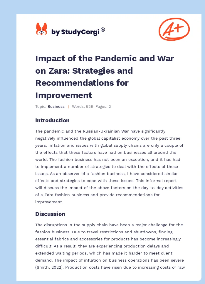 Impact of the Pandemic and War on Zara: Strategies and Recommendations for Improvement. Page 1