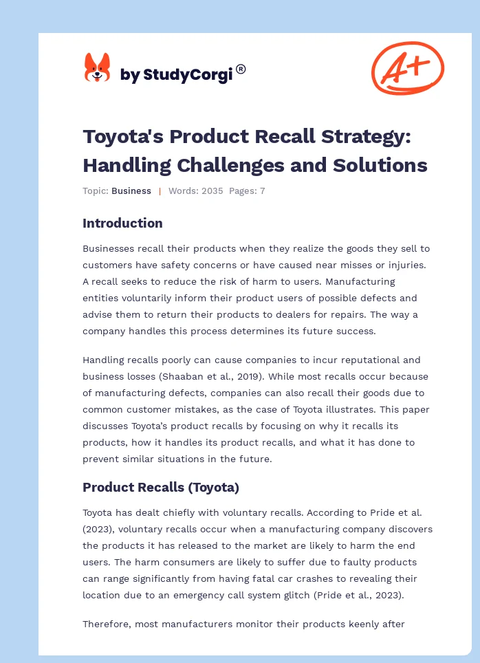 Toyota's Product Recall Strategy: Handling Challenges and Solutions. Page 1