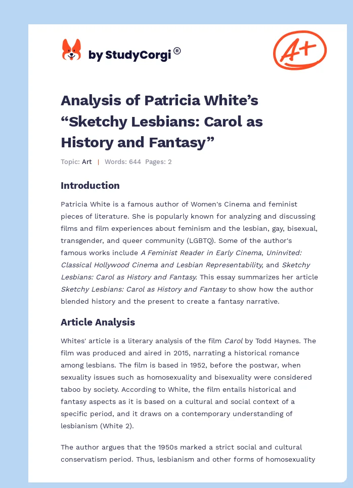 Analysis of Patricia White’s “Sketchy Lesbians: Carol as History and Fantasy”. Page 1