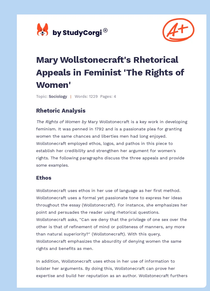 Mary Wollstonecraft's Rhetorical Appeals in Feminist 'The Rights of Women'. Page 1