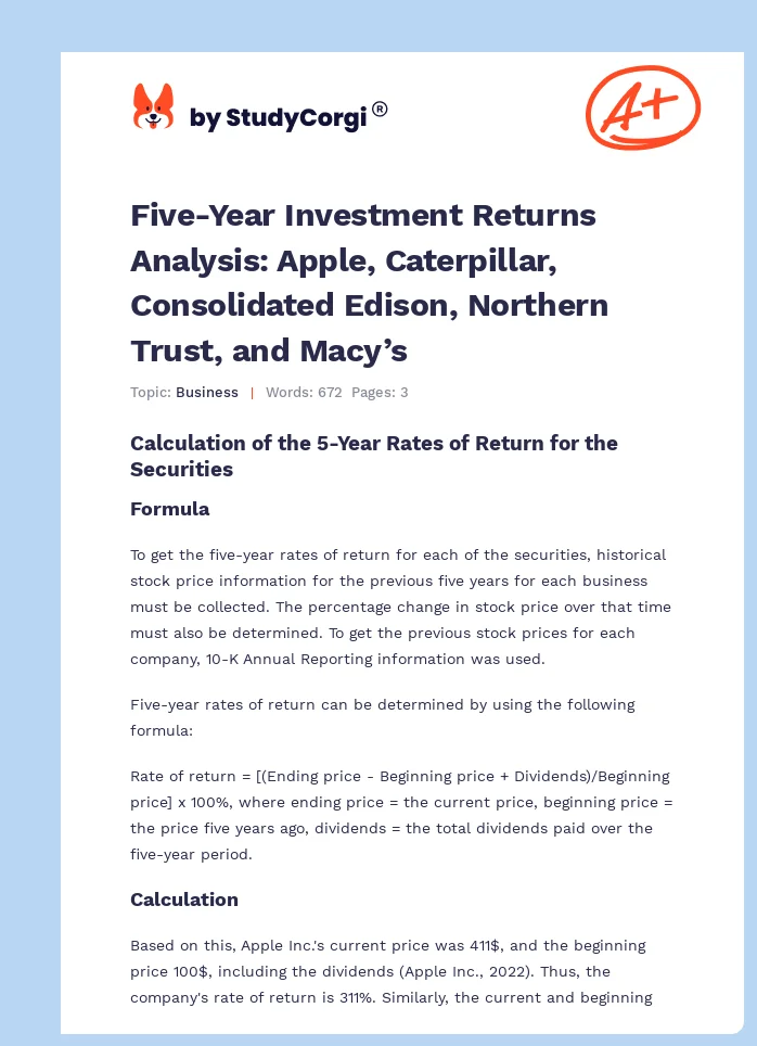 Five-Year Investment Returns Analysis: Apple, Caterpillar, Consolidated Edison, Northern Trust, and Macy’s. Page 1