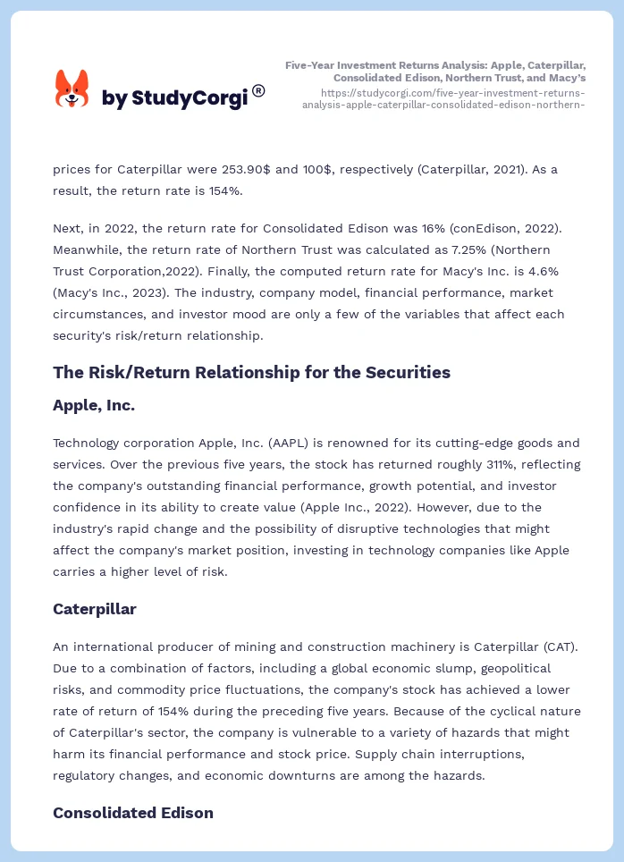 Five-Year Investment Returns Analysis: Apple, Caterpillar, Consolidated Edison, Northern Trust, and Macy’s. Page 2