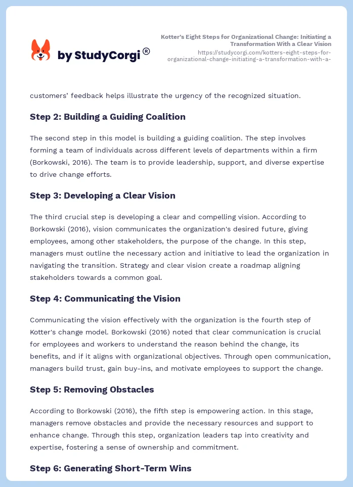 Kotter’s Eight Steps for Organizational Change: Initiating a Transformation With a Clear Vision. Page 2