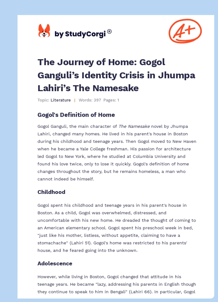 The Journey of Home: Gogol Ganguli’s Identity Crisis in Jhumpa Lahiri’s The Namesake. Page 1