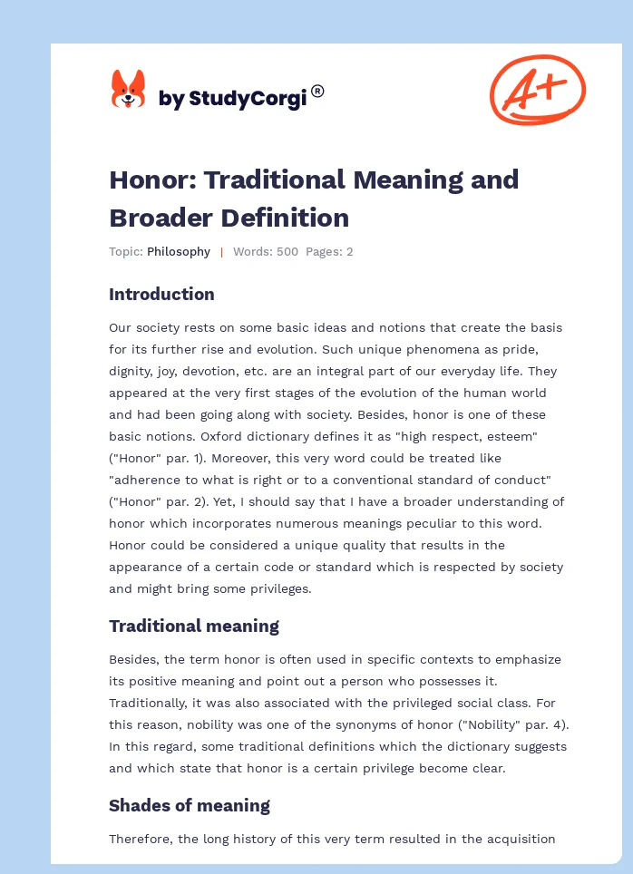 Honor: Traditional Meaning and Broader Definition. Page 1