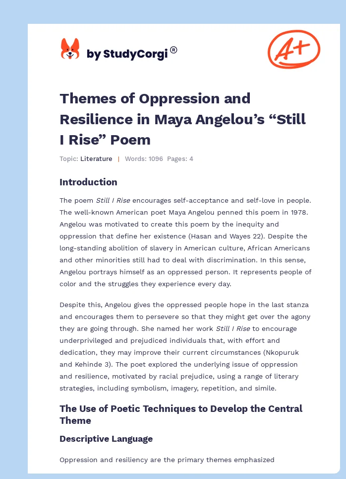 Themes of Oppression and Resilience in Maya Angelou’s “Still I Rise” Poem. Page 1