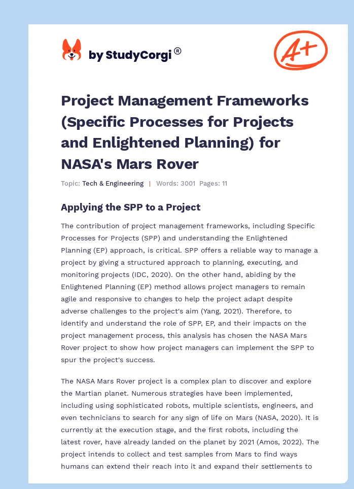 Project Management Frameworks (Specific Processes for Projects and Enlightened Planning) for NASA's Mars Rover. Page 1