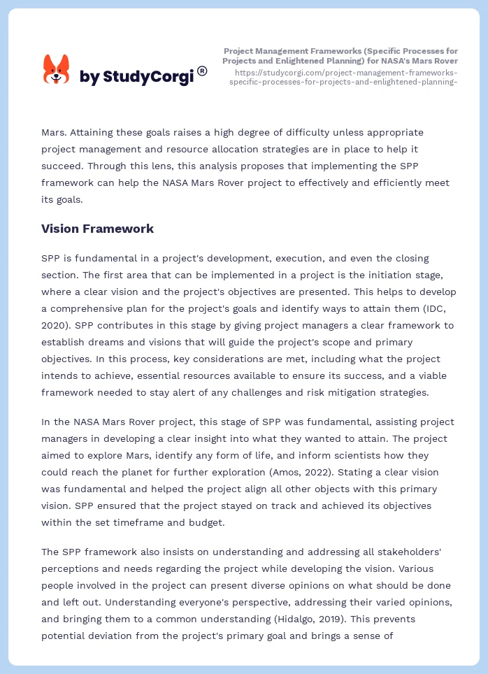 Project Management Frameworks (Specific Processes for Projects and Enlightened Planning) for NASA's Mars Rover. Page 2