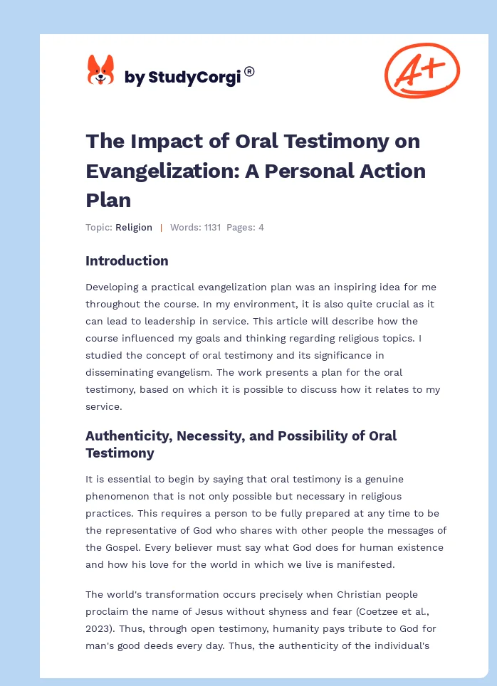 The Impact of Oral Testimony on Evangelization: A Personal Action Plan. Page 1