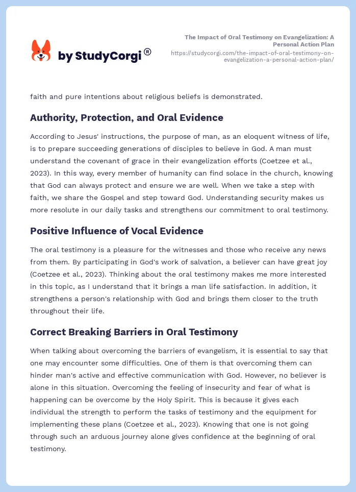 The Impact of Oral Testimony on Evangelization: A Personal Action Plan. Page 2