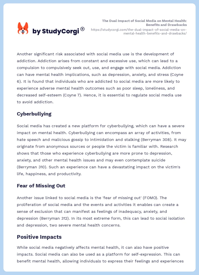 The Dual Impact of Social Media on Mental Health: Benefits and Drawbacks. Page 2