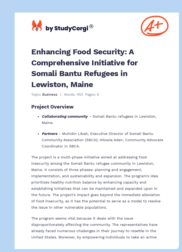 Enhancing Food Security: A Comprehensive Initiative for Somali Bantu Refugees in Lewiston, Maine. Page 1