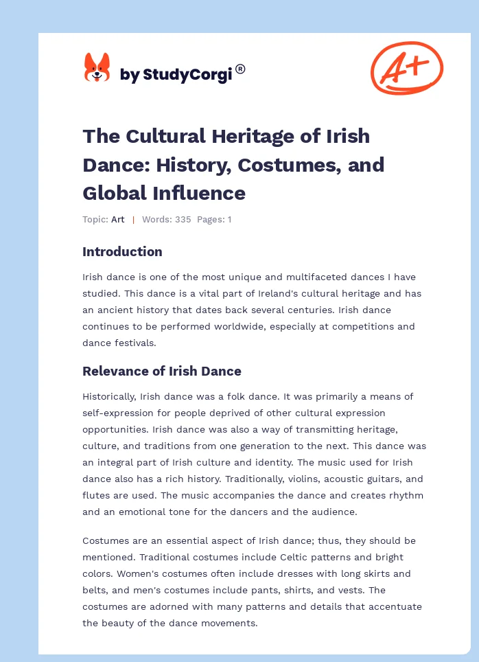 The Cultural Heritage of Irish Dance: History, Costumes, and Global Influence. Page 1