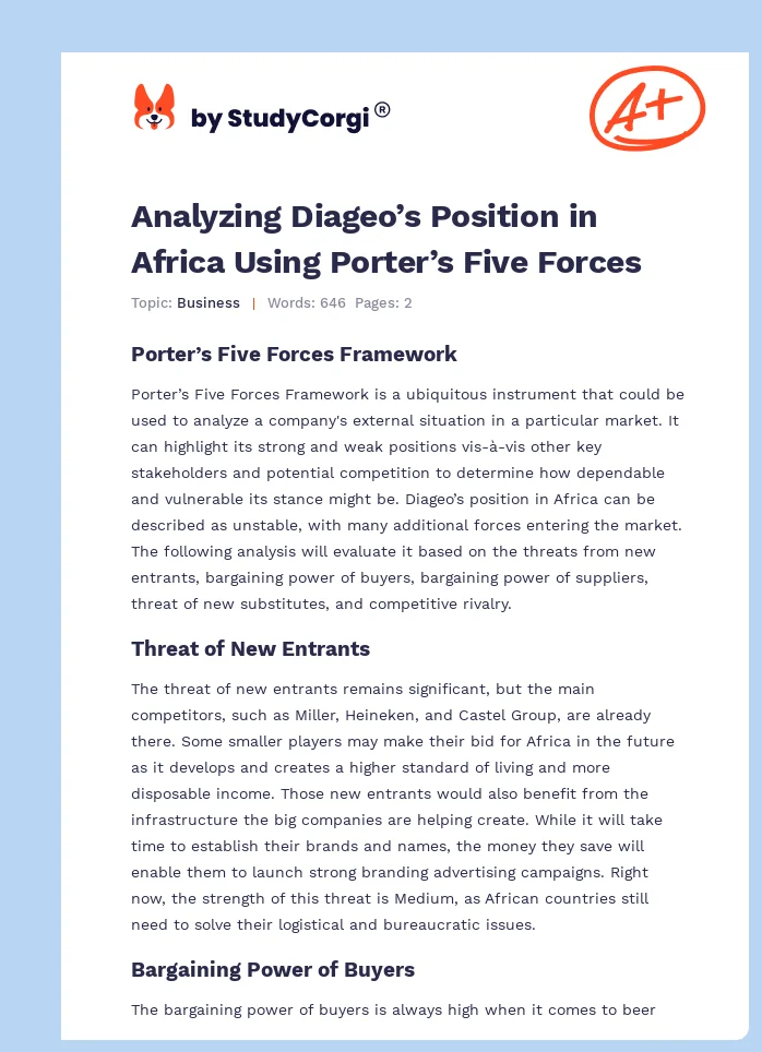 Analyzing Diageo’s Position in Africa Using Porter’s Five Forces. Page 1