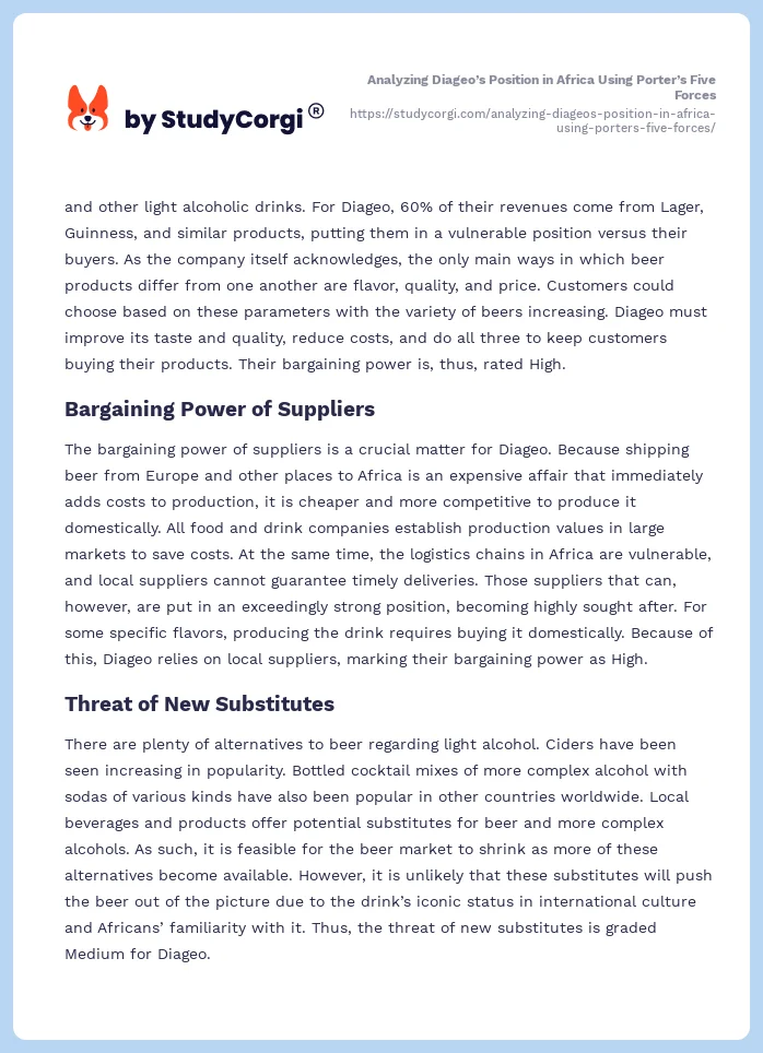 Analyzing Diageo’s Position in Africa Using Porter’s Five Forces. Page 2