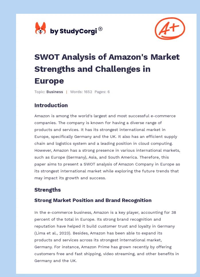 SWOT Analysis of Amazon's Market Strengths and Challenges in Europe. Page 1