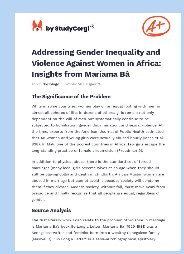 Addressing Gender Inequality and Violence Against Women in Africa: Insights from Mariama Bâ. Page 1