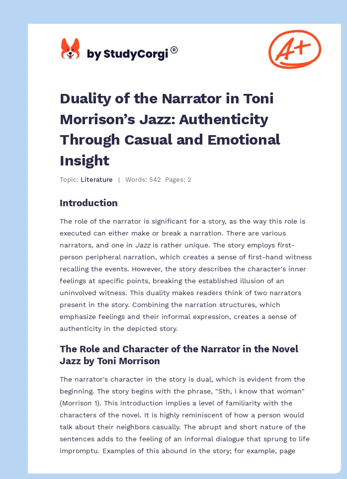 Duality of the Narrator in Toni Morrison’s Jazz: Authenticity Through Casual and Emotional Insight. Page 1