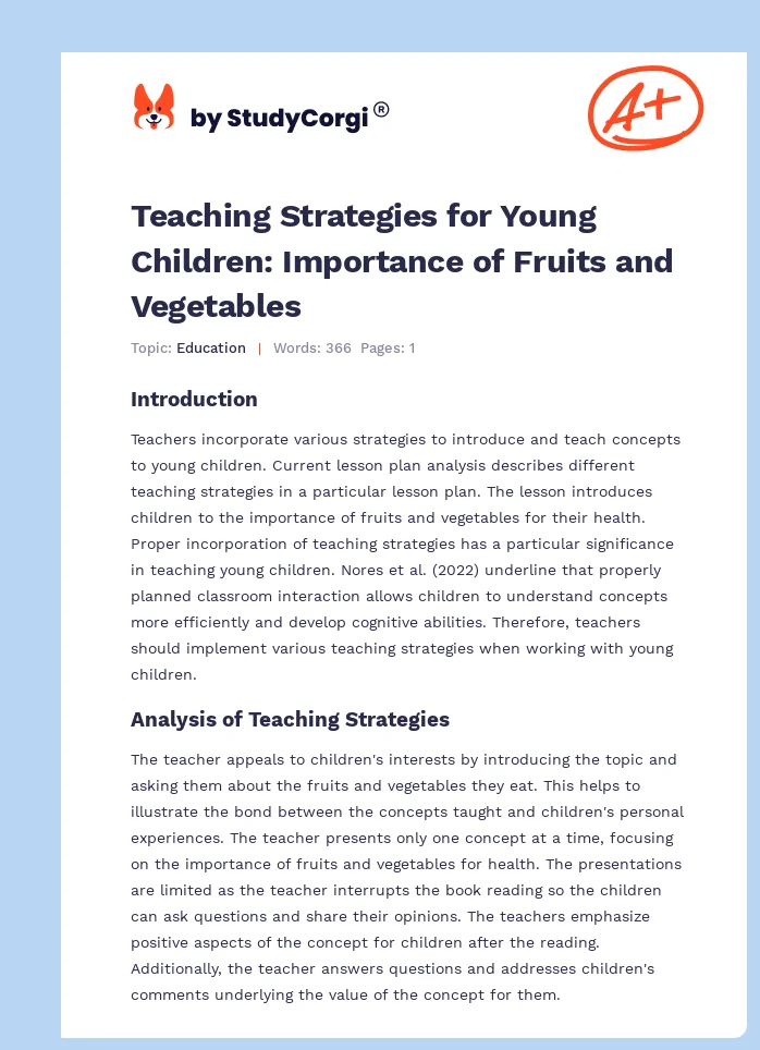 Teaching Strategies for Young Children: Importance of Fruits and Vegetables. Page 1