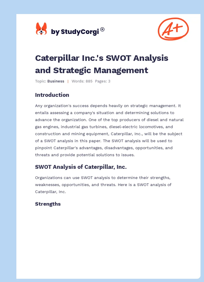 Caterpillar Inc.'s SWOT Analysis and Strategic Management. Page 1