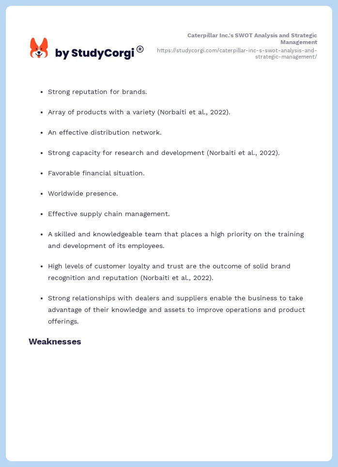 Caterpillar Inc.'s SWOT Analysis and Strategic Management. Page 2