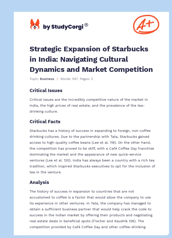 Strategic Expansion of Starbucks in India: Navigating Cultural Dynamics and Market Competition. Page 1