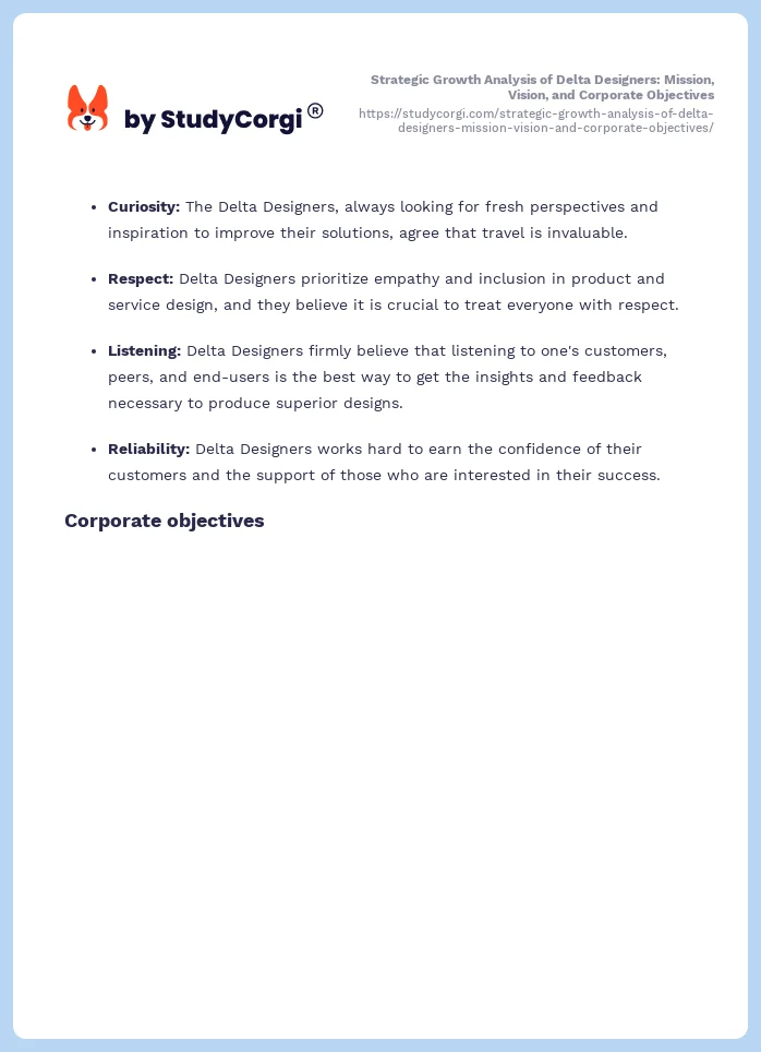 Strategic Growth Analysis of Delta Designers: Mission, Vision, and Corporate Objectives. Page 2