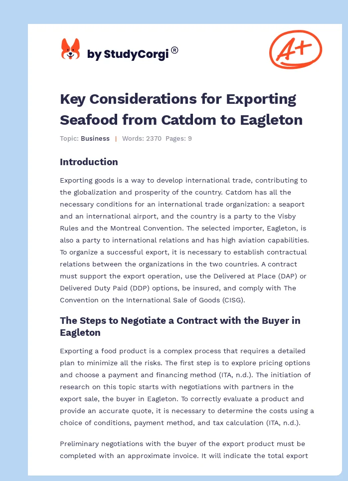 Key Considerations for Exporting Seafood from Catdom to Eagleton. Page 1