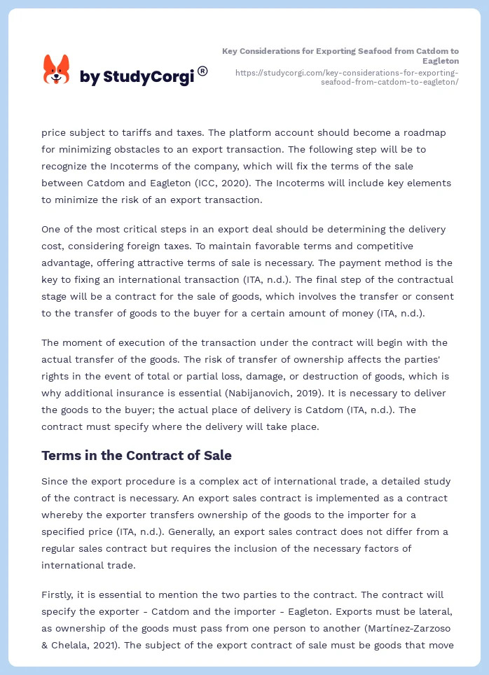 Key Considerations for Exporting Seafood from Catdom to Eagleton. Page 2