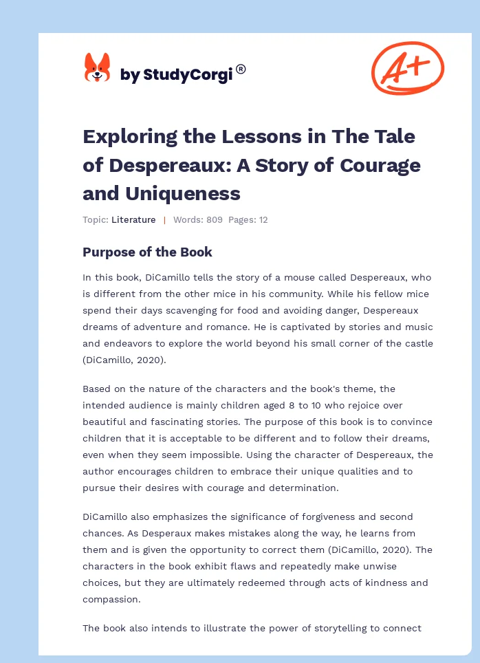 Exploring the Lessons in The Tale of Despereaux: A Story of Courage and Uniqueness. Page 1