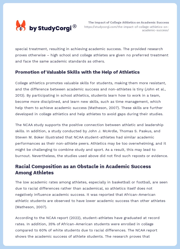 The Impact of College Athletics on Academic Success. Page 2