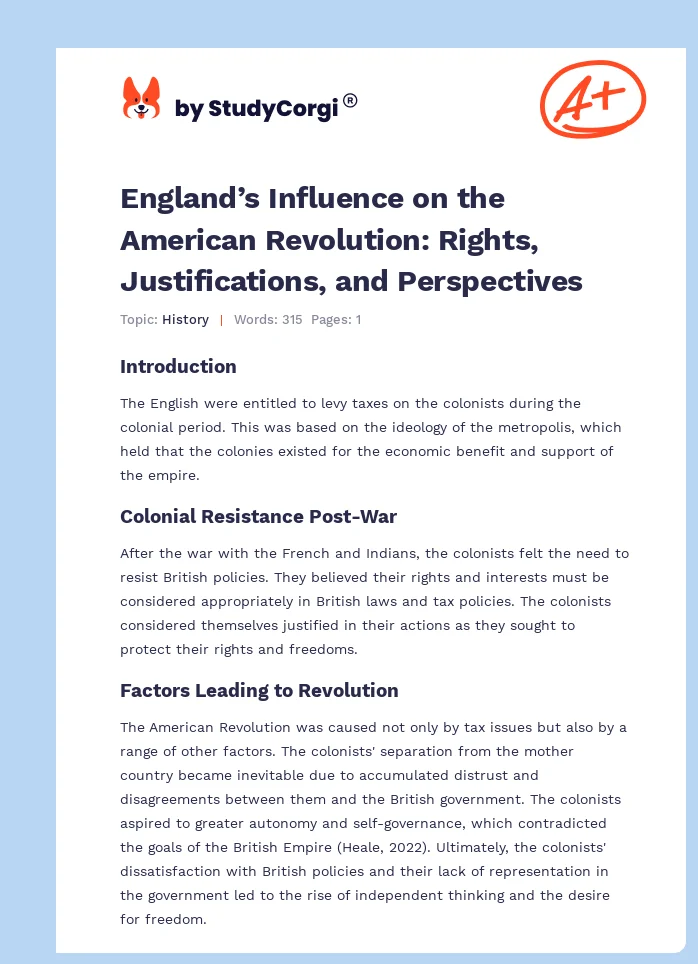 England’s Influence on the American Revolution: Rights, Justifications, and Perspectives. Page 1