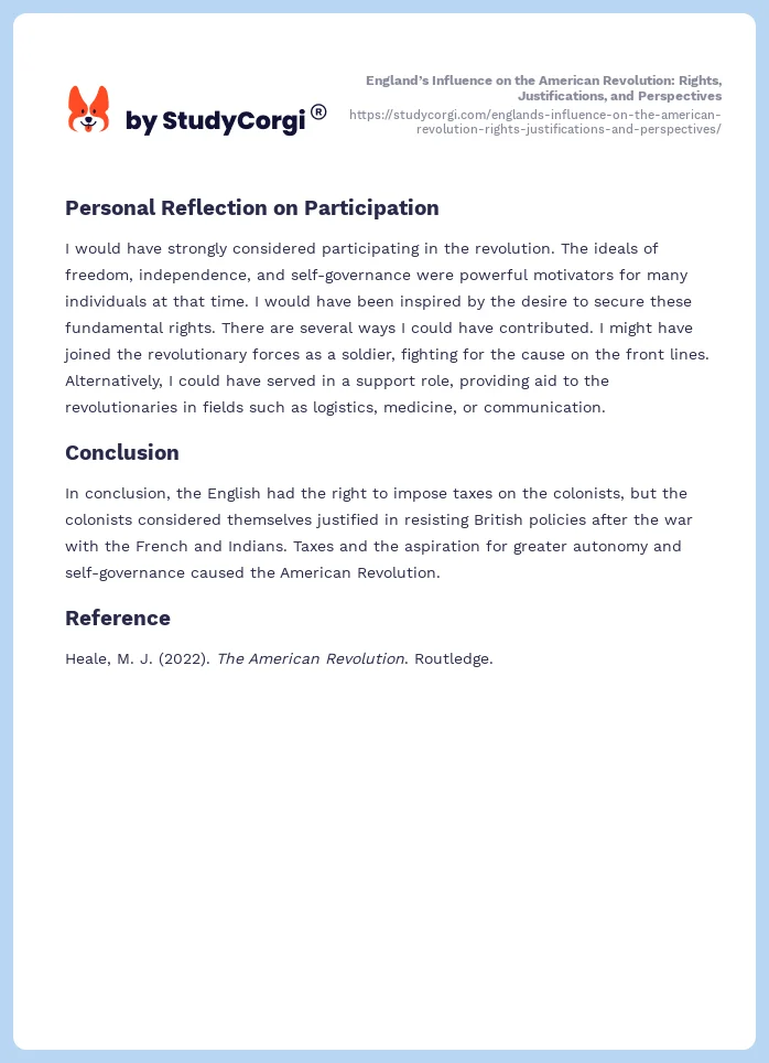 England’s Influence on the American Revolution: Rights, Justifications, and Perspectives. Page 2