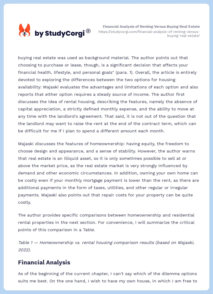 Financial Analysis of Renting Versus Buying Real Estate. Page 2