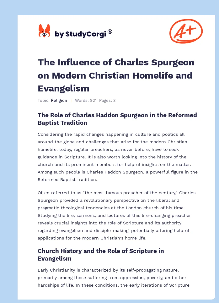 The Influence of Charles Spurgeon on Modern Christian Homelife and Evangelism. Page 1